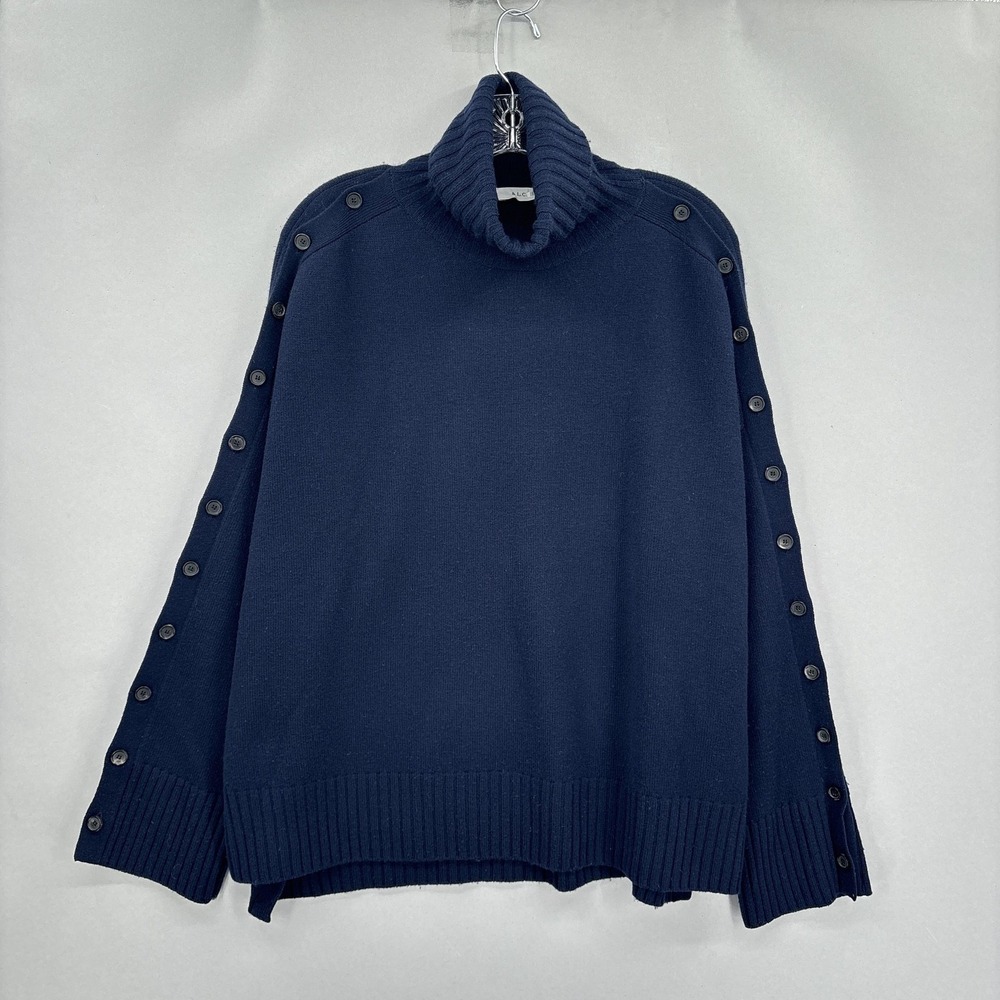 A.L.C. Sweater Womens Small Navy Merino Wool Turtleneck Button Sleeves Pullover